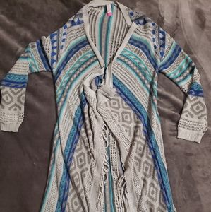 Knee Length Knitted Teal & Grey Tassled Sweater